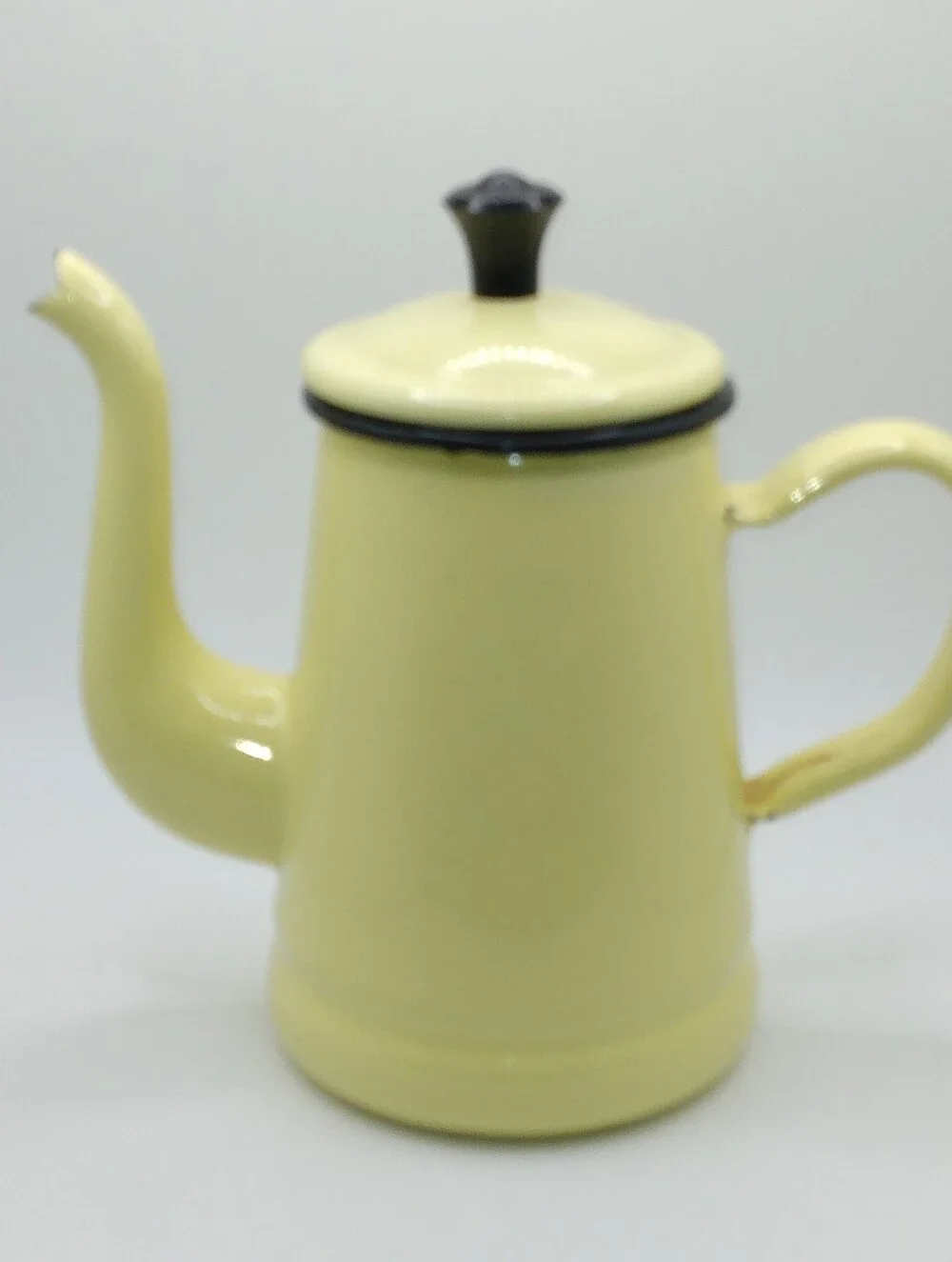 Vintage Yellow Enamelware Coffee Pot, 6 Inches, Bakelite Knob, Black Trim, READ